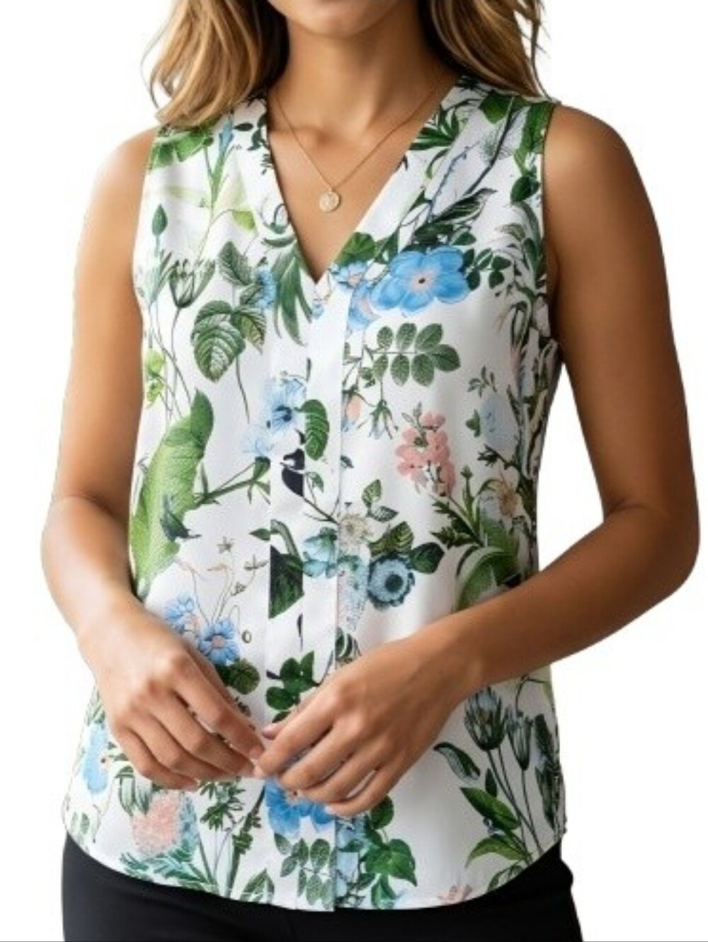 Banana Republic Petite Botania V-Neck Tank Blouse Satin White Green
